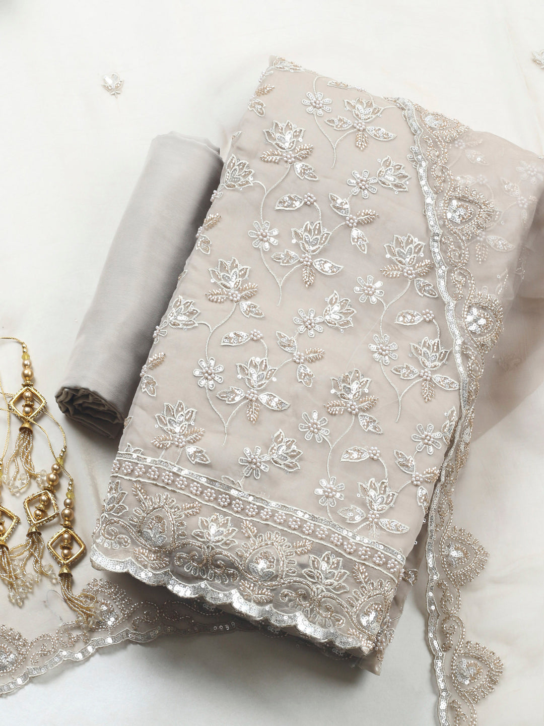 Beige Embroidered Organza Unstitched Suit &amp; Pant With Organza Dupatta