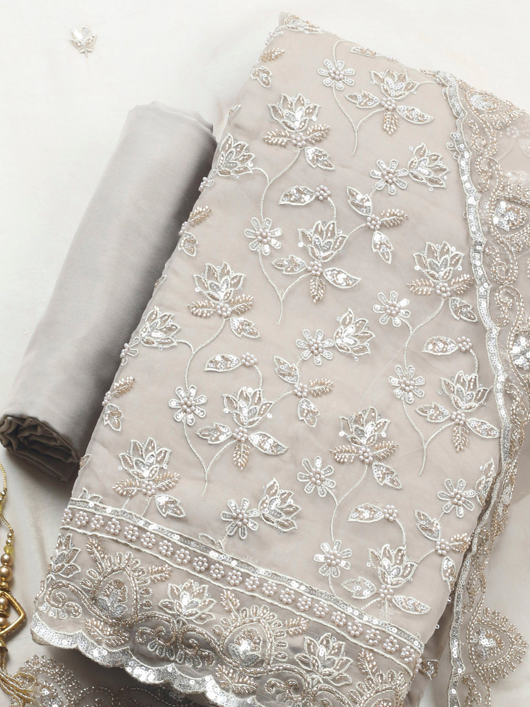 Beige Embroidered Organza Unstitched Suit &amp; Pant With Organza Dupatta
