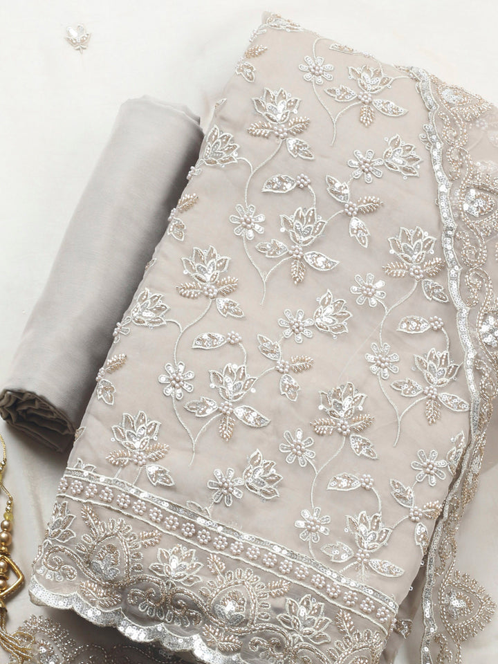 Beige Embroidered Organza Unstitched Suit &amp; Pant With Organza Dupatta