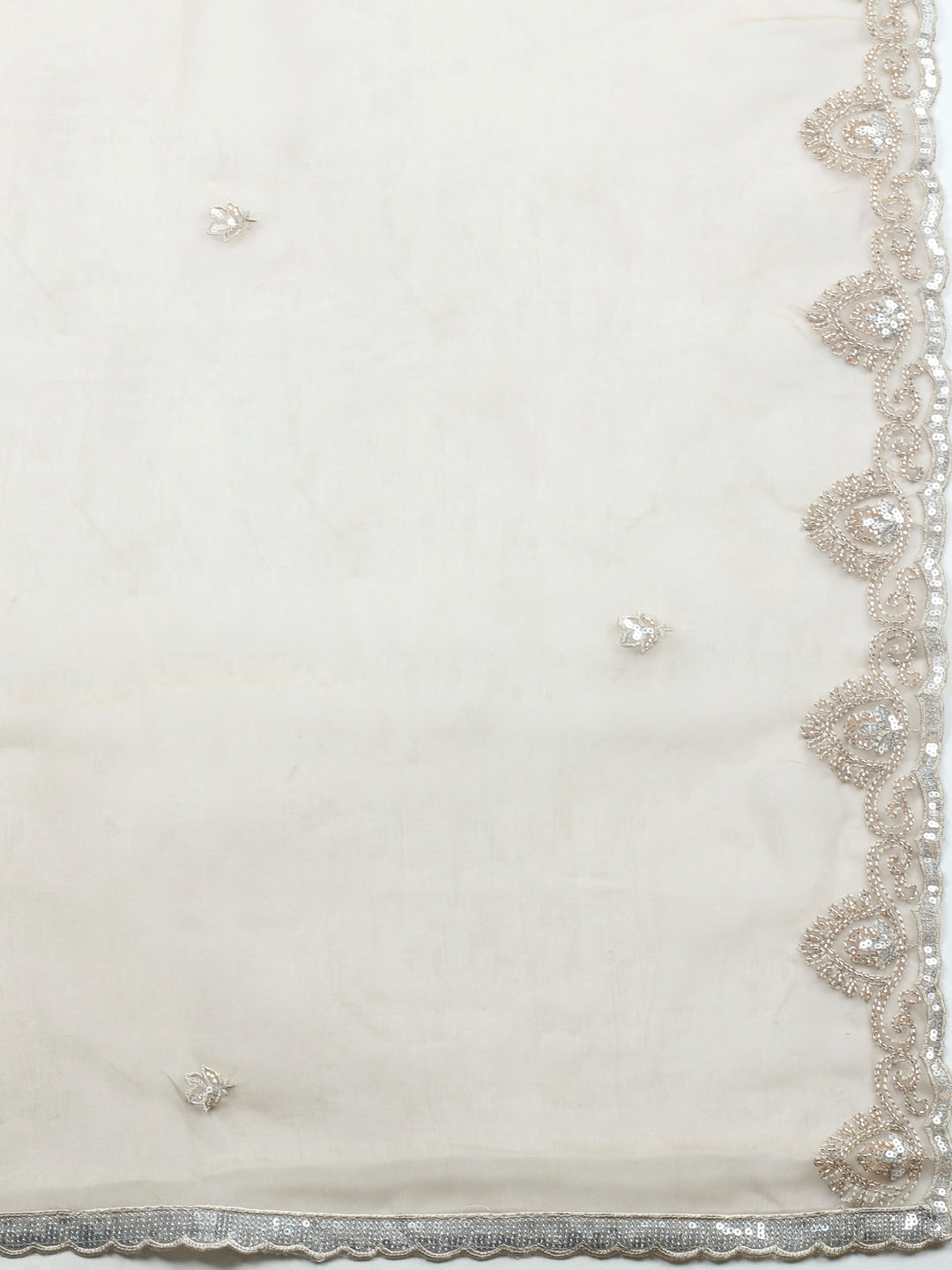 Beige Embroidered Organza Unstitched Suit &amp; Pant With Organza Dupatta