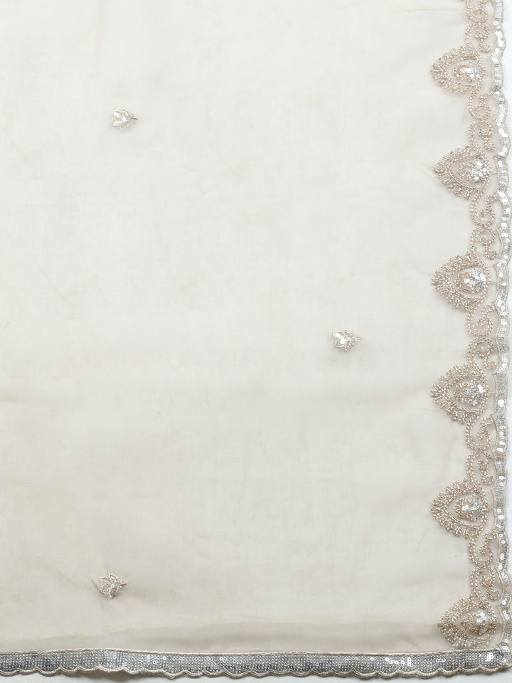 Beige Embroidered Organza Unstitched Suit &amp; Pant With Organza Dupatta