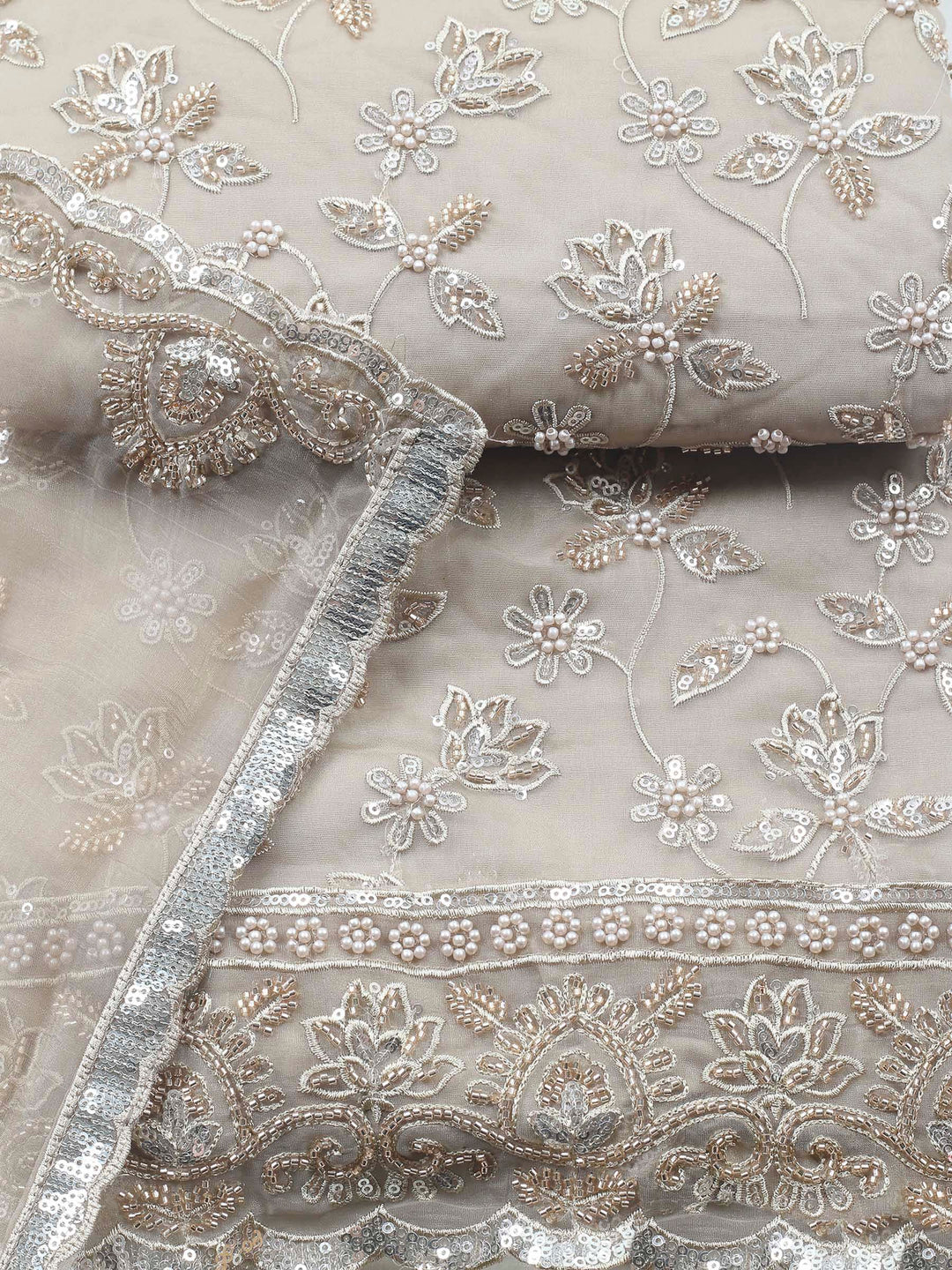 Beige Embroidered Organza Unstitched Suit &amp; Pant With Organza Dupatta