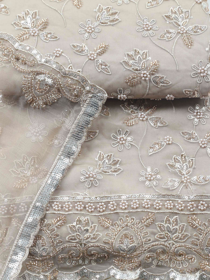 Beige Embroidered Organza Unstitched Suit &amp; Pant With Organza Dupatta