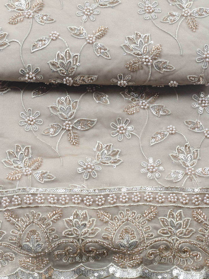 Beige Embroidered Organza Unstitched Suit &amp; Pant With Organza Dupatta