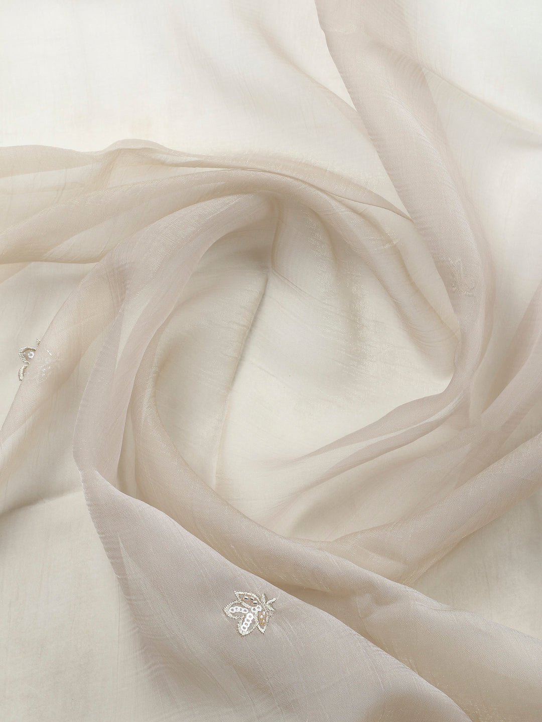 Beige Embroidered Organza Unstitched Suit &amp; Pant With Organza Dupatta