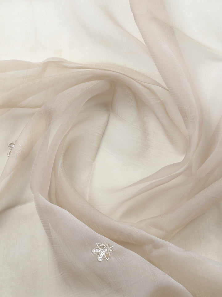 Beige Embroidered Organza Unstitched Suit &amp; Pant With Organza Dupatta