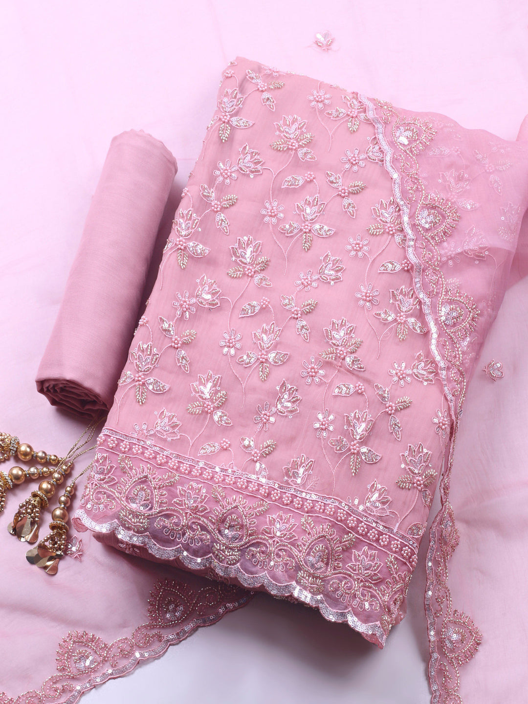 Peach Pink Embroidered Organza Unstitched Suit &amp; Pant With Organza Dupatta