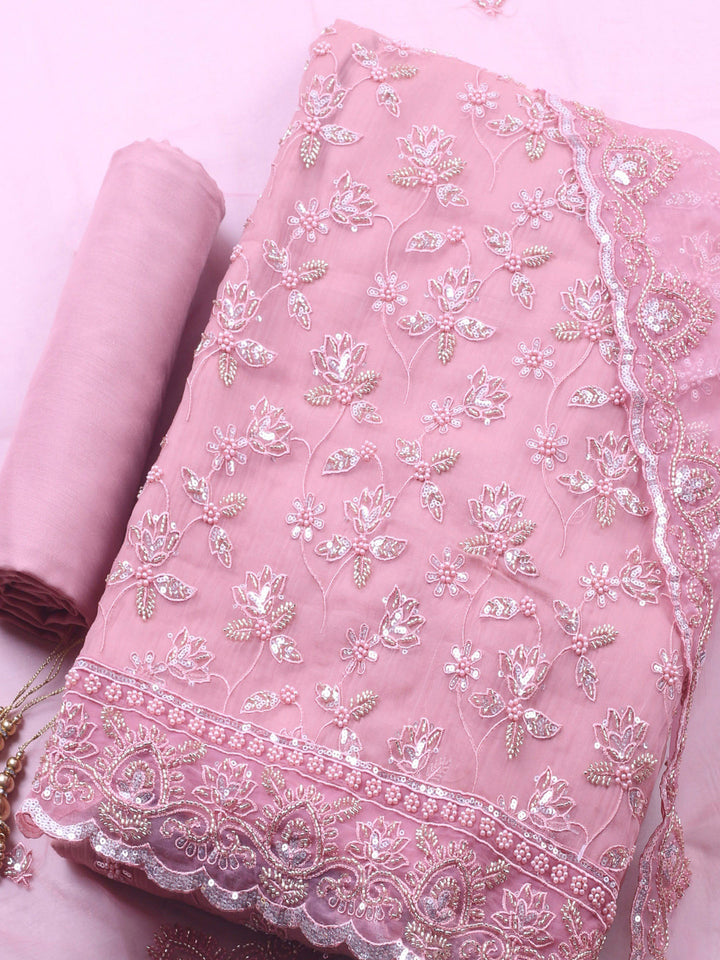 Peach Pink Embroidered Organza Unstitched Suit &amp; Pant With Organza Dupatta