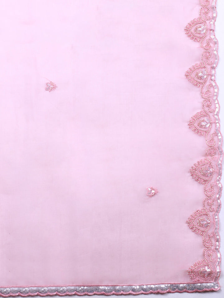 Peach Pink Embroidered Organza Unstitched Suit &amp; Pant With Organza Dupatta