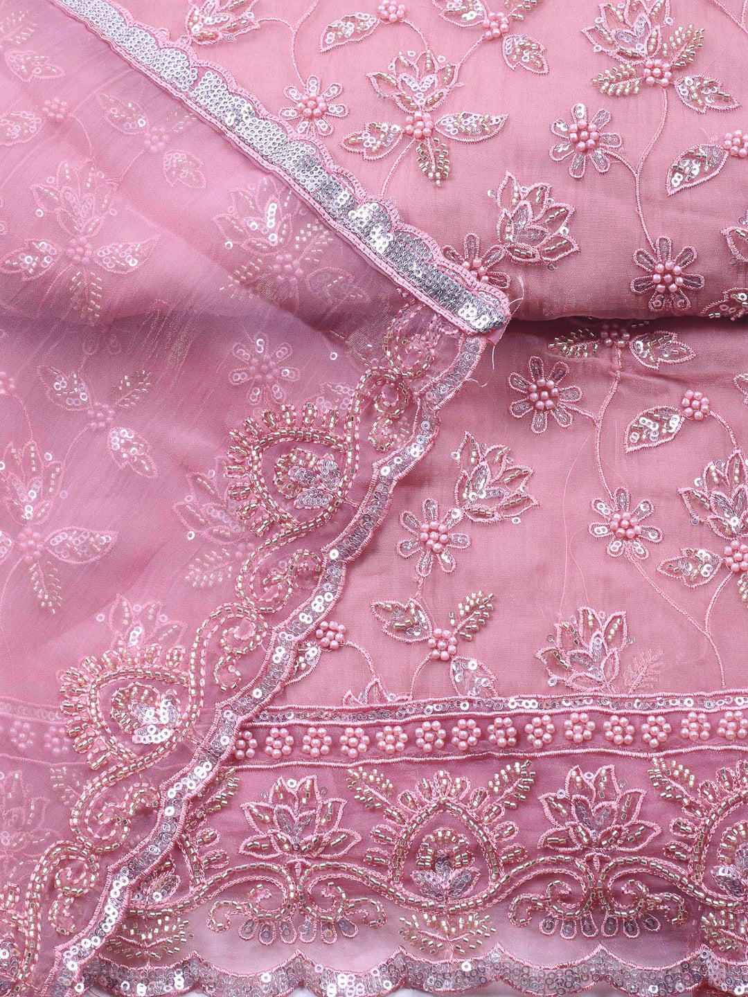 Peach Pink Embroidered Organza Unstitched Suit &amp; Pant With Organza Dupatta