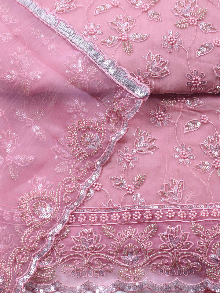 Peach Pink Embroidered Organza Unstitched Suit &amp; Pant With Organza Dupatta
