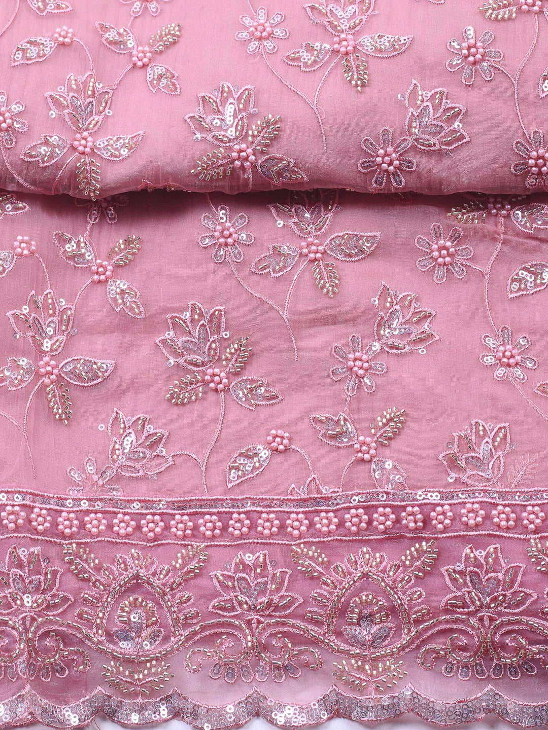 Peach Pink Embroidered Organza Unstitched Suit &amp; Pant With Organza Dupatta