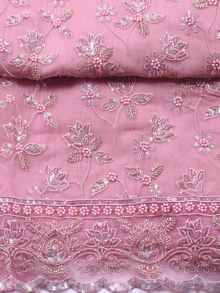Peach Pink Embroidered Organza Unstitched Suit &amp; Pant With Organza Dupatta