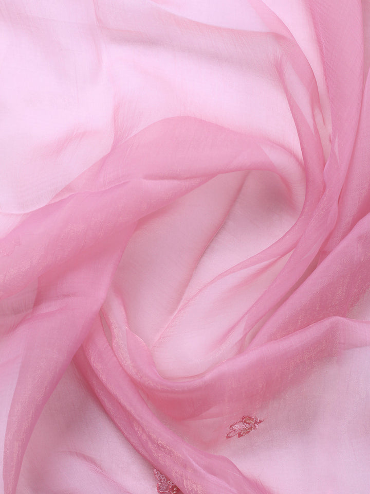 Peach Pink Embroidered Organza Unstitched Suit &amp; Pant With Organza Dupatta