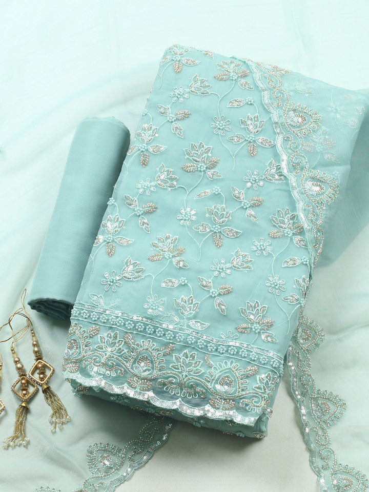 Sea Green Embroidered Organza Unstitched Suit &amp; Pant With Organza Dupatta