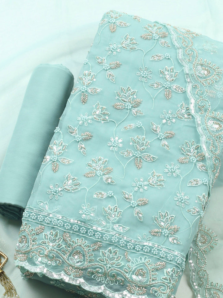 Sea Green Embroidered Organza Unstitched Suit &amp; Pant With Organza Dupatta