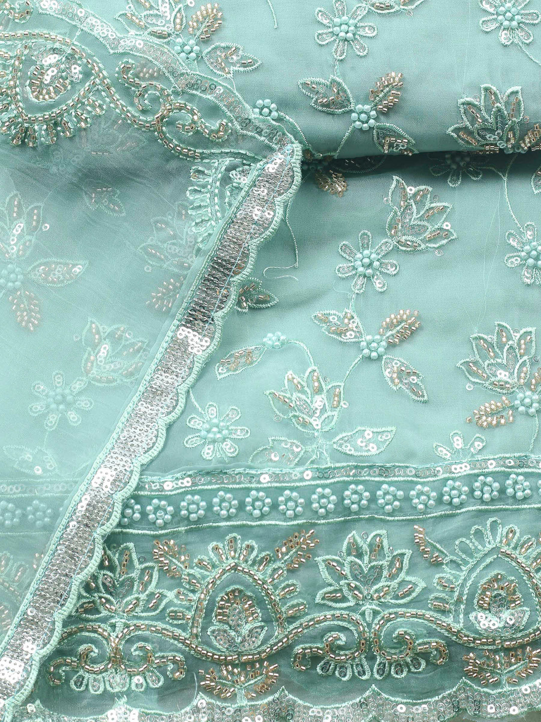 Sea Green Embroidered Organza Unstitched Suit &amp; Pant With Organza Dupatta