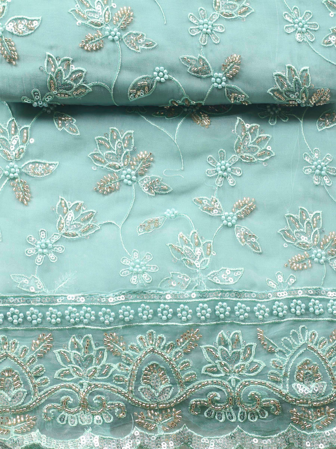 Sea Green Embroidered Organza Unstitched Suit &amp; Pant With Organza Dupatta