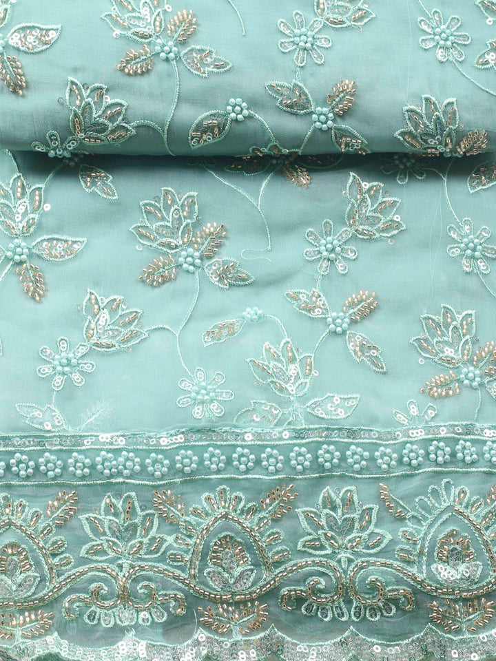 Sea Green Embroidered Organza Unstitched Suit &amp; Pant With Organza Dupatta