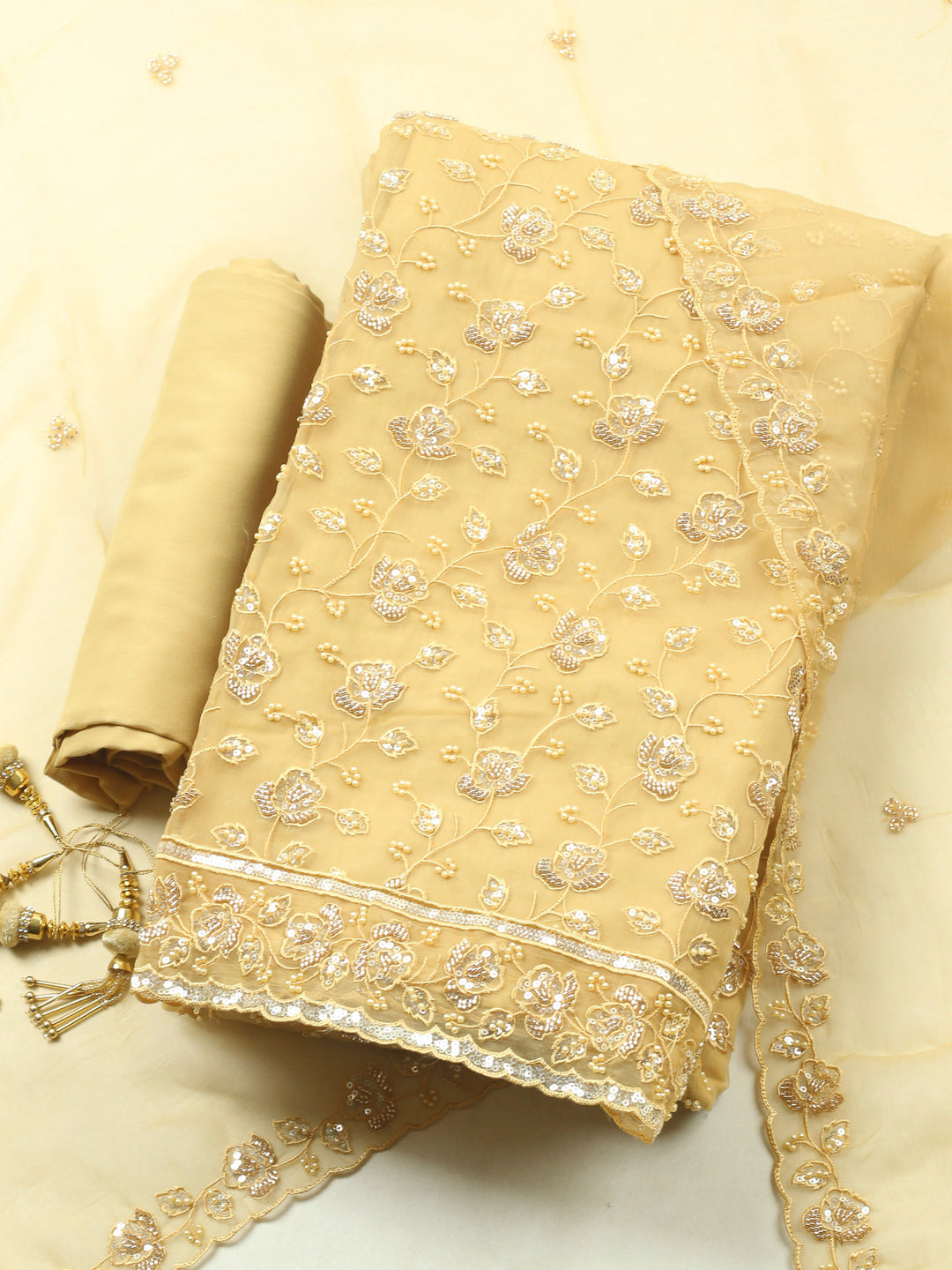 Mustard Embroidered Organza Unstitched Suit &amp; Pant With Organza Dupatta