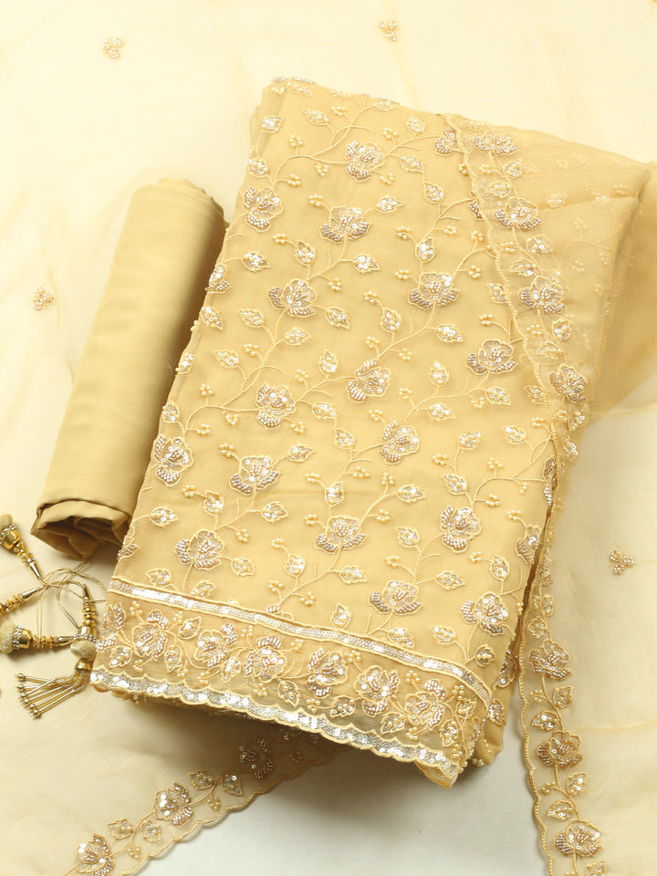 Mustard Embroidered Organza Unstitched Suit &amp; Pant With Organza Dupatta