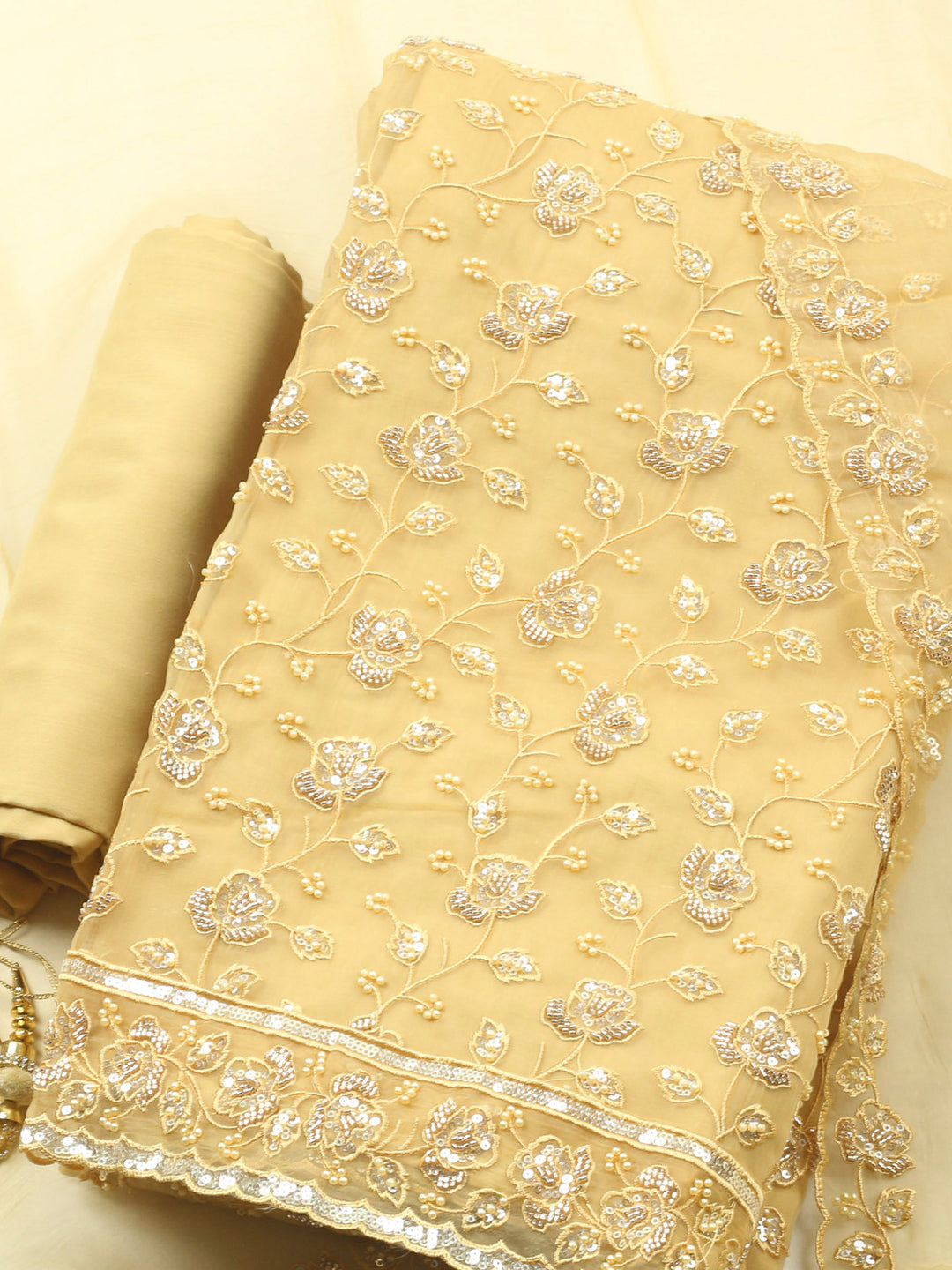 Mustard Embroidered Organza Unstitched Suit &amp; Pant With Organza Dupatta