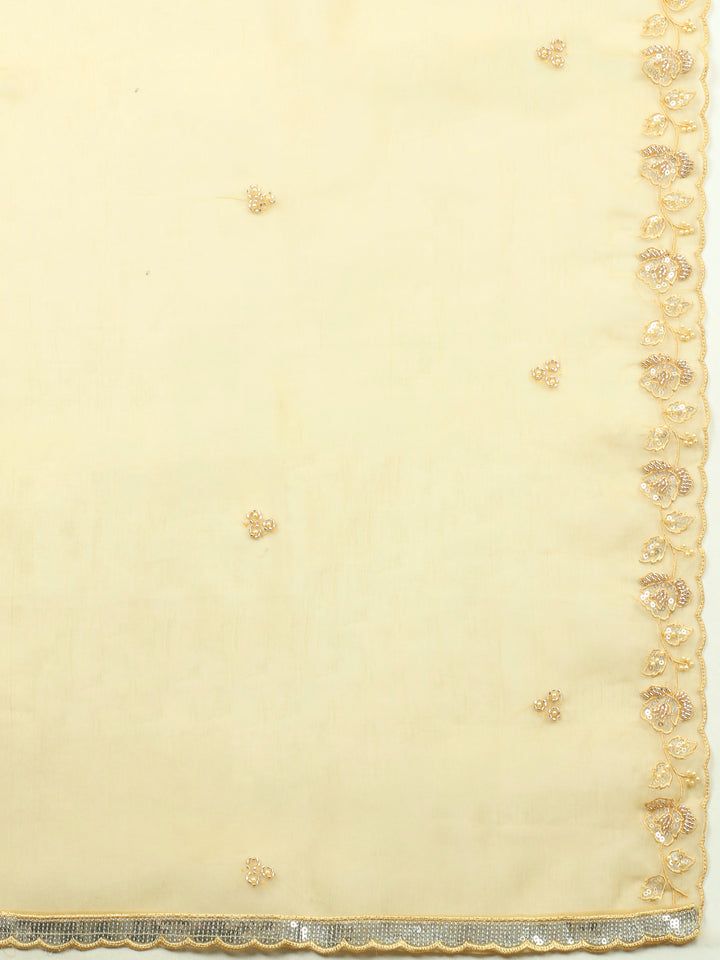 Mustard Embroidered Organza Unstitched Suit &amp; Pant With Organza Dupatta