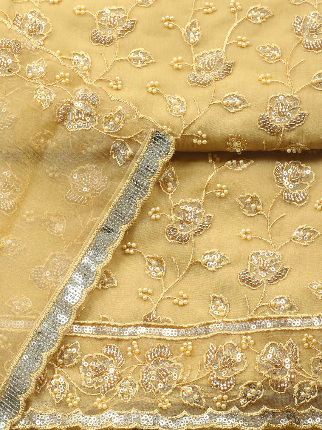 Mustard Embroidered Organza Unstitched Suit &amp; Pant With Organza Dupatta
