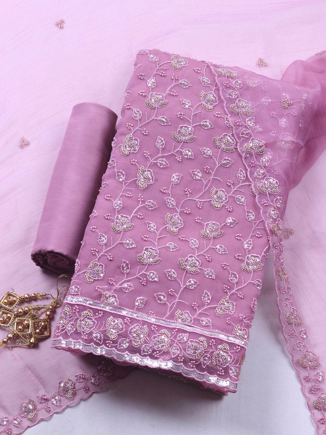 Onion Pink Embroidered Organza Unstitched Suit &amp; Pant With Organza Dupatta