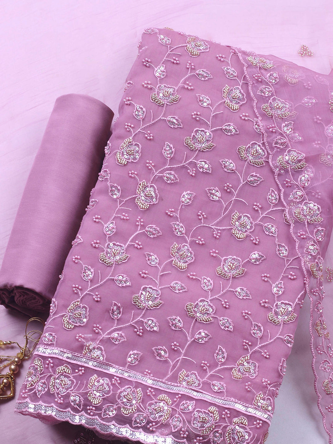 Onion Pink Embroidered Organza Unstitched Suit &amp; Pant With Organza Dupatta