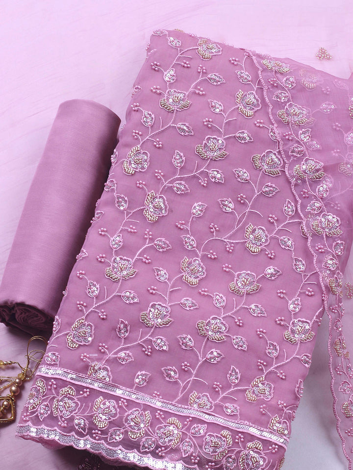 Onion Pink Embroidered Organza Unstitched Suit &amp; Pant With Organza Dupatta