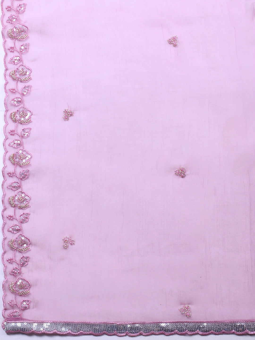 Onion Pink Embroidered Organza Unstitched Suit &amp; Pant With Organza Dupatta