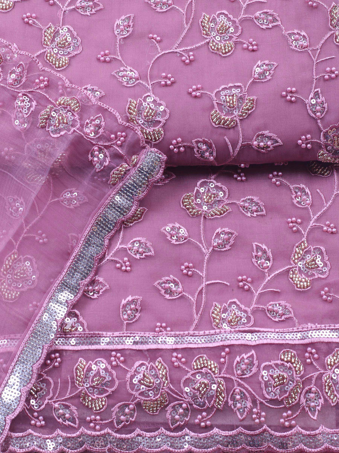 Onion Pink Embroidered Organza Unstitched Suit &amp; Pant With Organza Dupatta