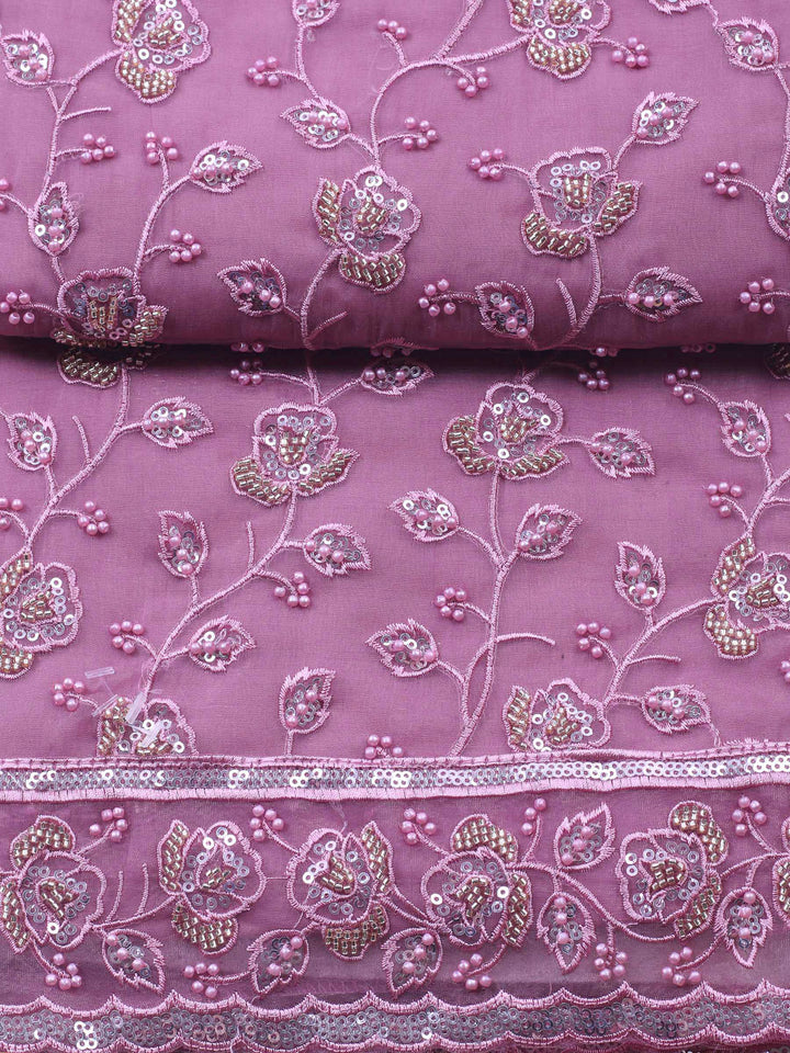 Onion Pink Embroidered Organza Unstitched Suit &amp; Pant With Organza Dupatta
