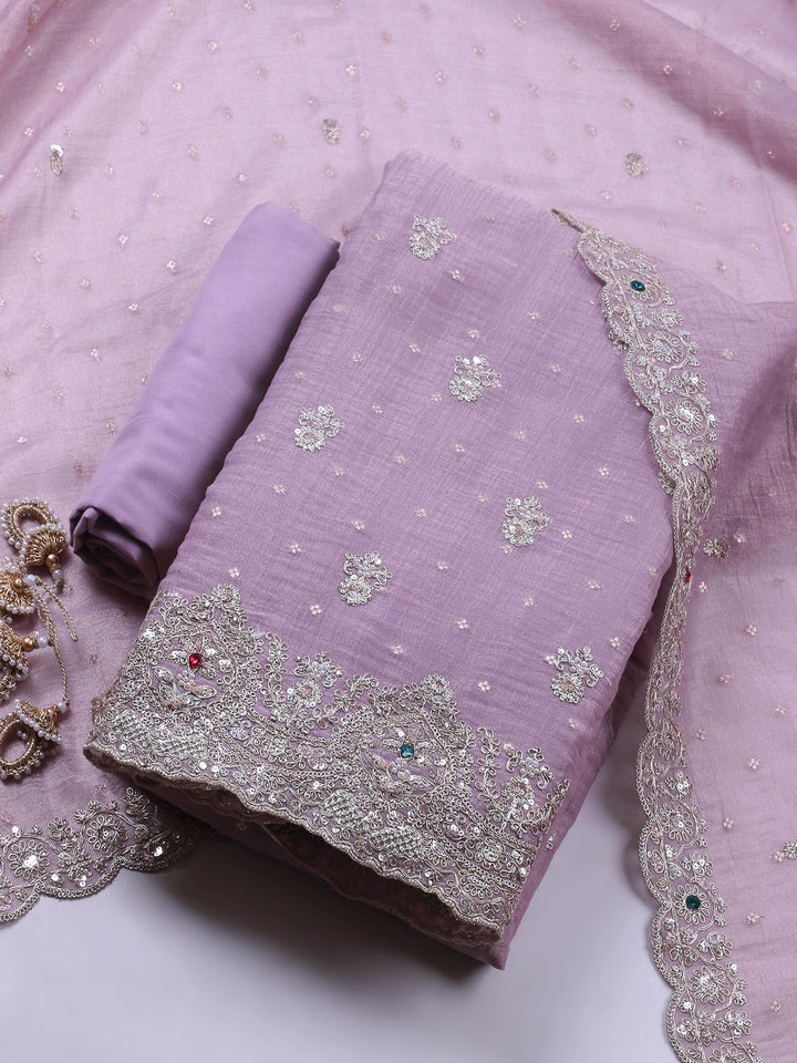 Mauve Embroidered Tissue Unstitched Suit &amp; Pant With Chiffon Dupatta