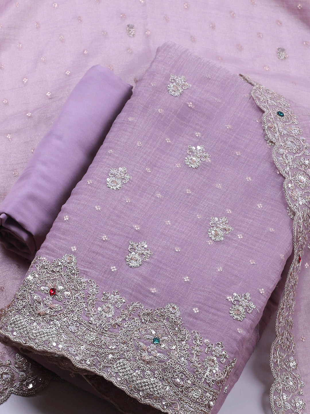 Mauve Embroidered Tissue Unstitched Suit &amp; Pant With Chiffon Dupatta