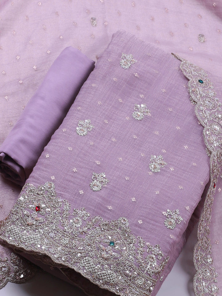 Mauve Embroidered Tissue Unstitched Suit &amp; Pant With Chiffon Dupatta