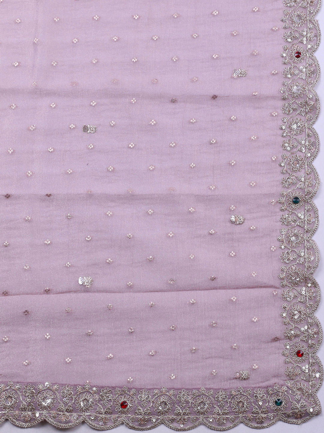 Mauve Embroidered Tissue Unstitched Suit &amp; Pant With Chiffon Dupatta