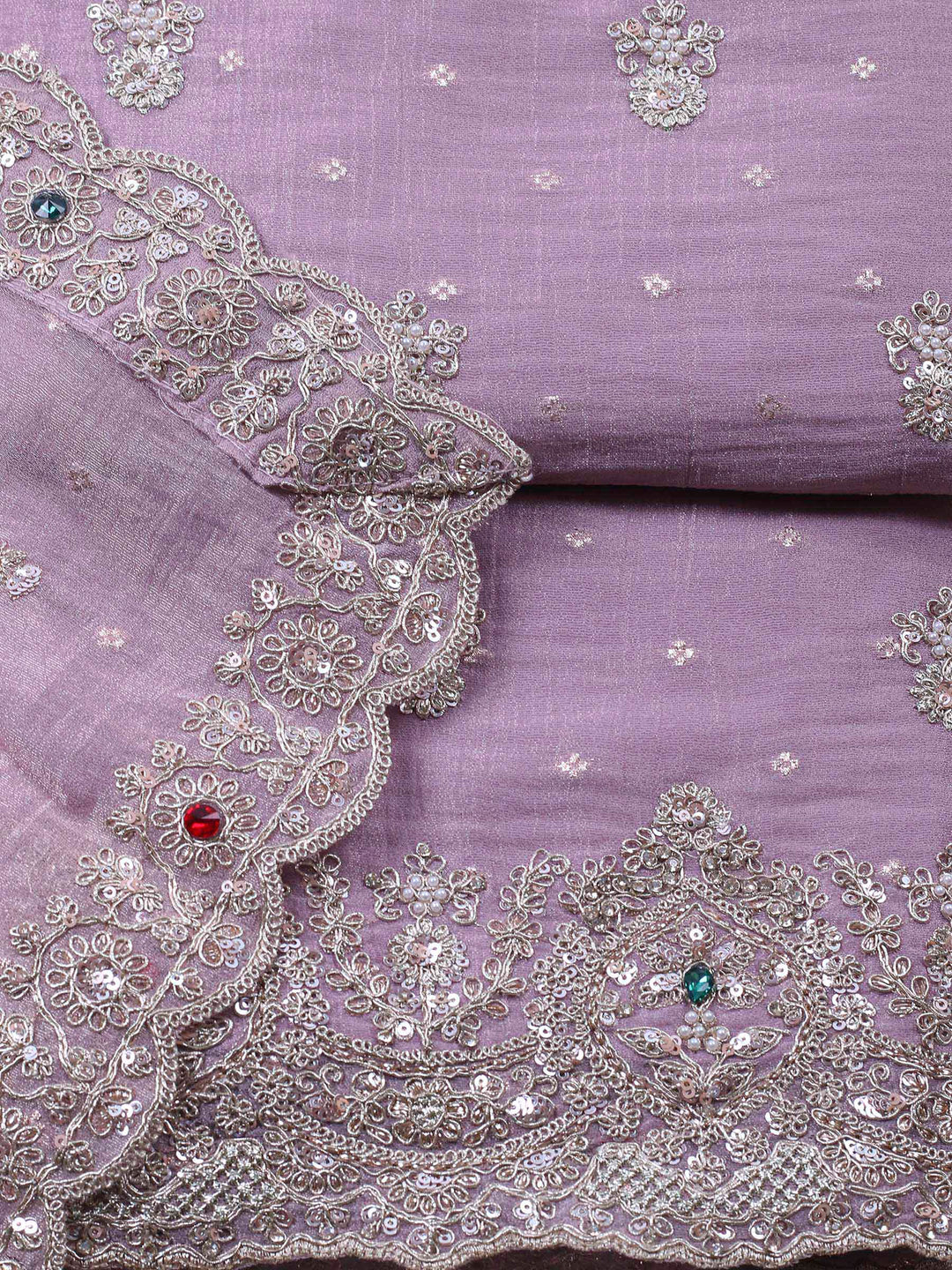 Mauve Embroidered Tissue Unstitched Suit &amp; Pant With Chiffon Dupatta