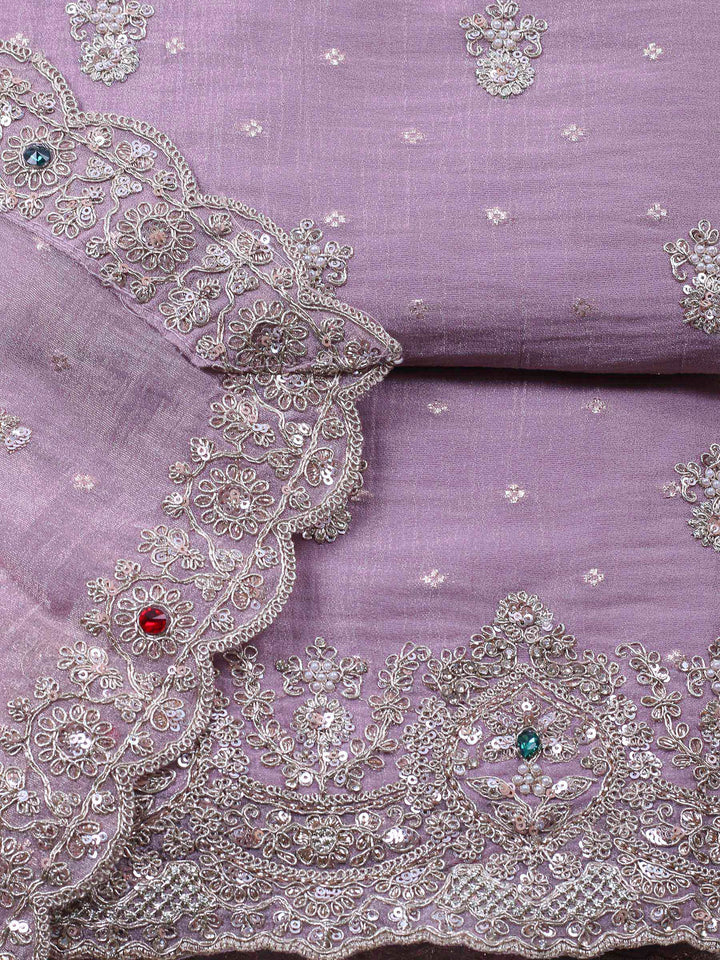 Mauve Embroidered Tissue Unstitched Suit &amp; Pant With Chiffon Dupatta