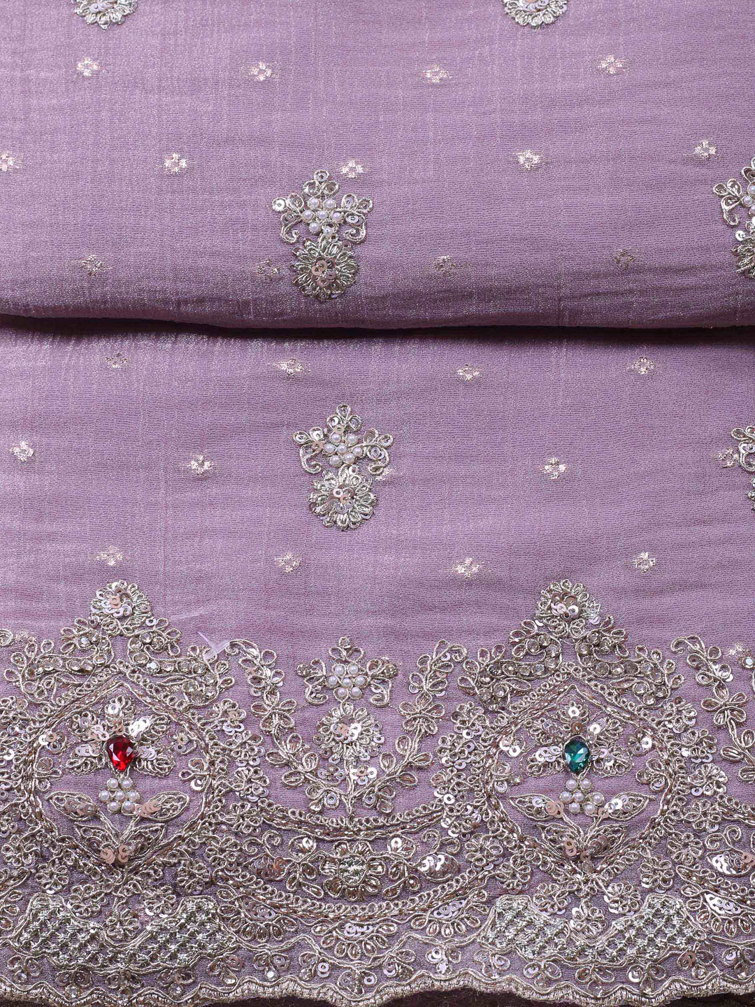 Mauve Embroidered Tissue Unstitched Suit &amp; Pant With Chiffon Dupatta