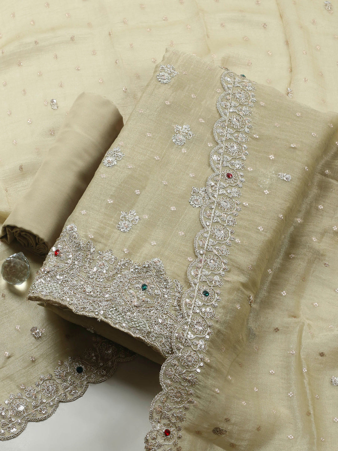 Pista Green Embroidered Tissue Unstitched Suit &amp; Pant With Chiffon Dupatta