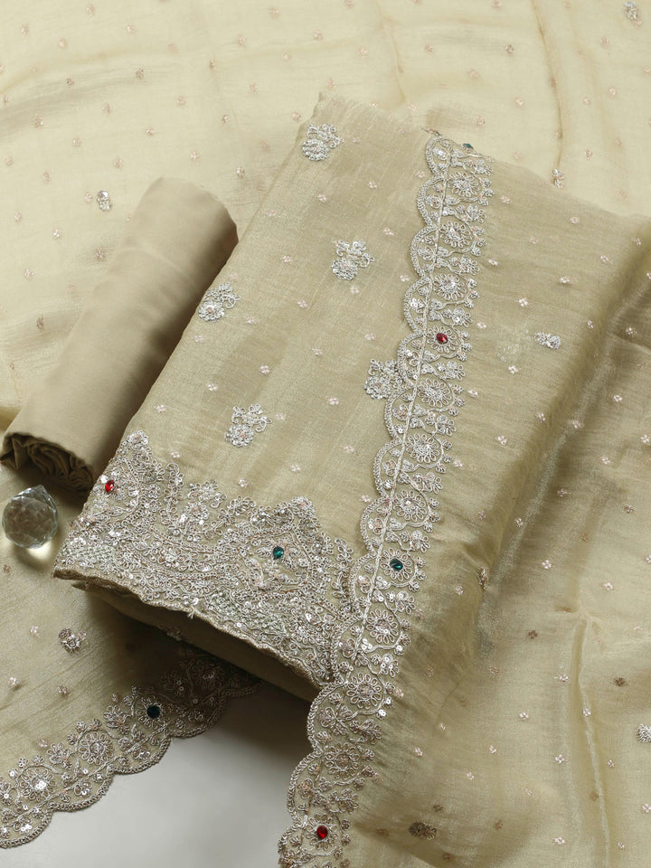 Pista Green Embroidered Tissue Unstitched Suit &amp; Pant With Chiffon Dupatta