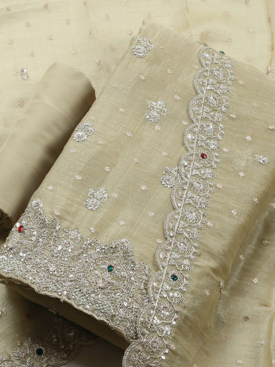Pista Green Embroidered Tissue Unstitched Suit &amp; Pant With Chiffon Dupatta