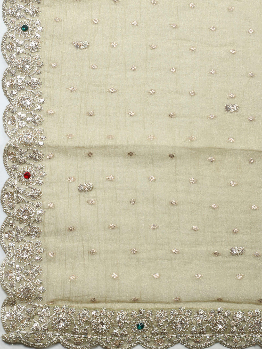 Pista Green Embroidered Tissue Unstitched Suit &amp; Pant With Chiffon Dupatta