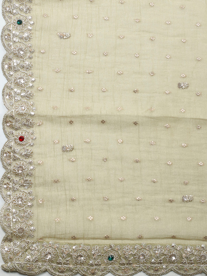 Pista Green Embroidered Tissue Unstitched Suit &amp; Pant With Chiffon Dupatta