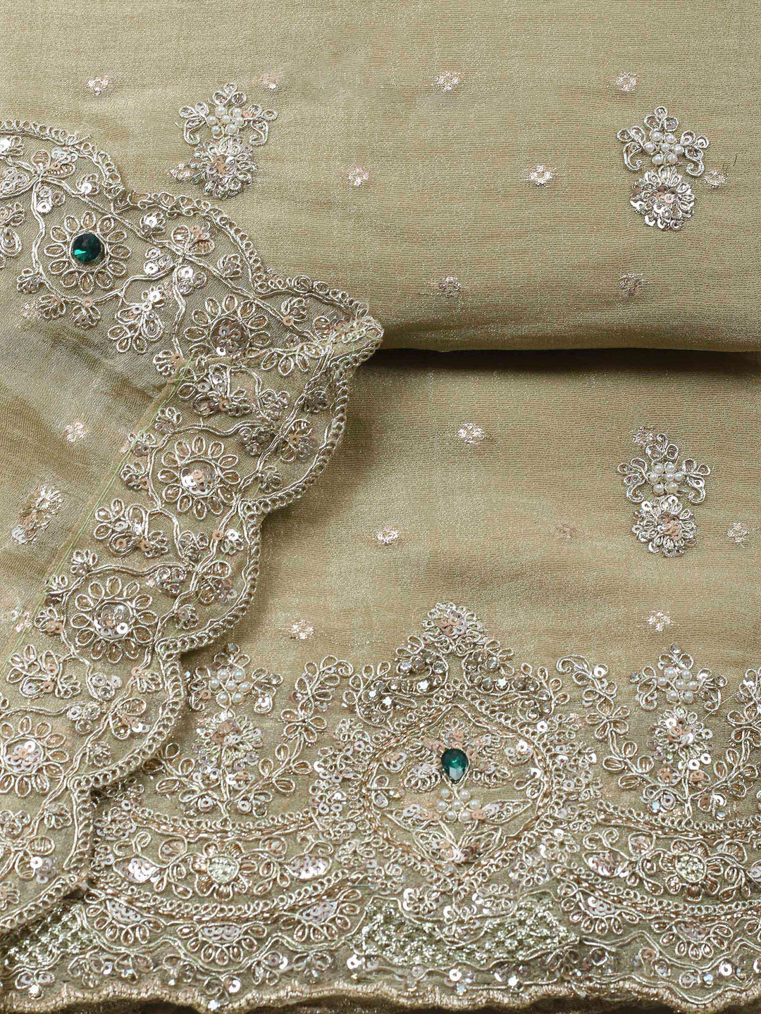 Pista Green Embroidered Tissue Unstitched Suit &amp; Pant With Chiffon Dupatta