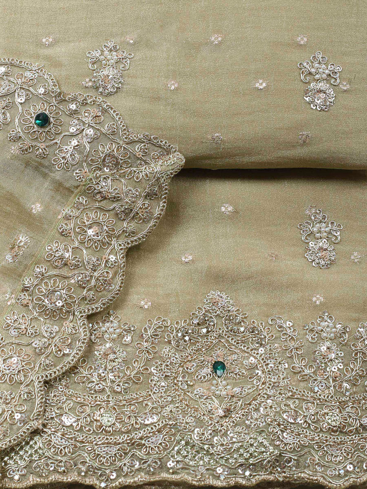Pista Green Embroidered Tissue Unstitched Suit &amp; Pant With Chiffon Dupatta
