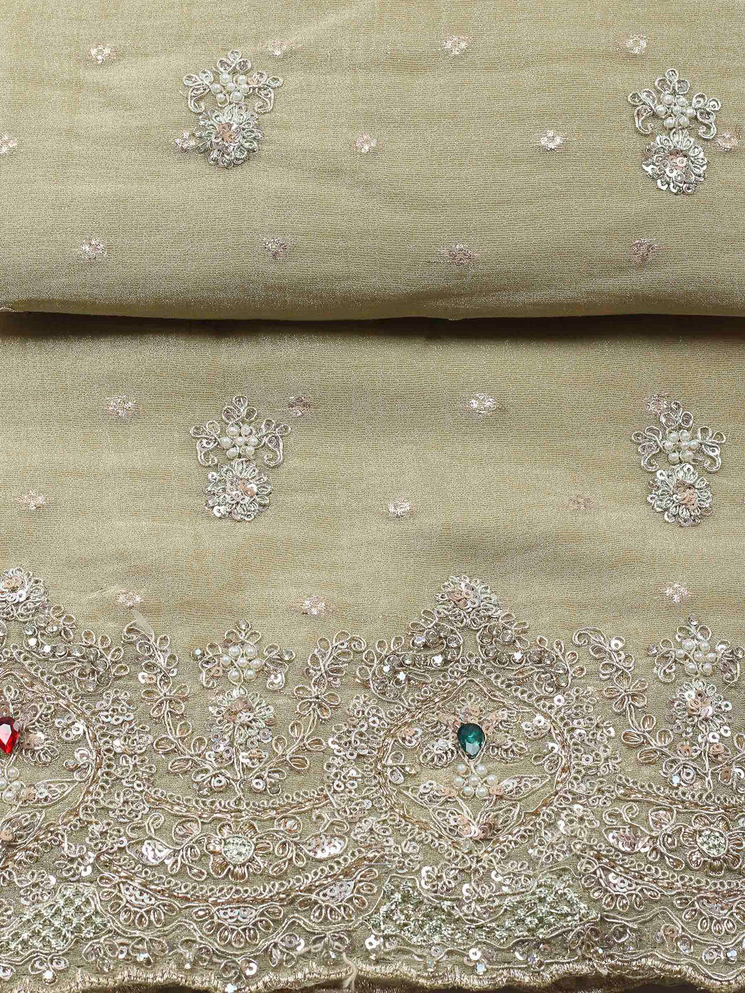 Pista Green Embroidered Tissue Unstitched Suit &amp; Pant With Chiffon Dupatta