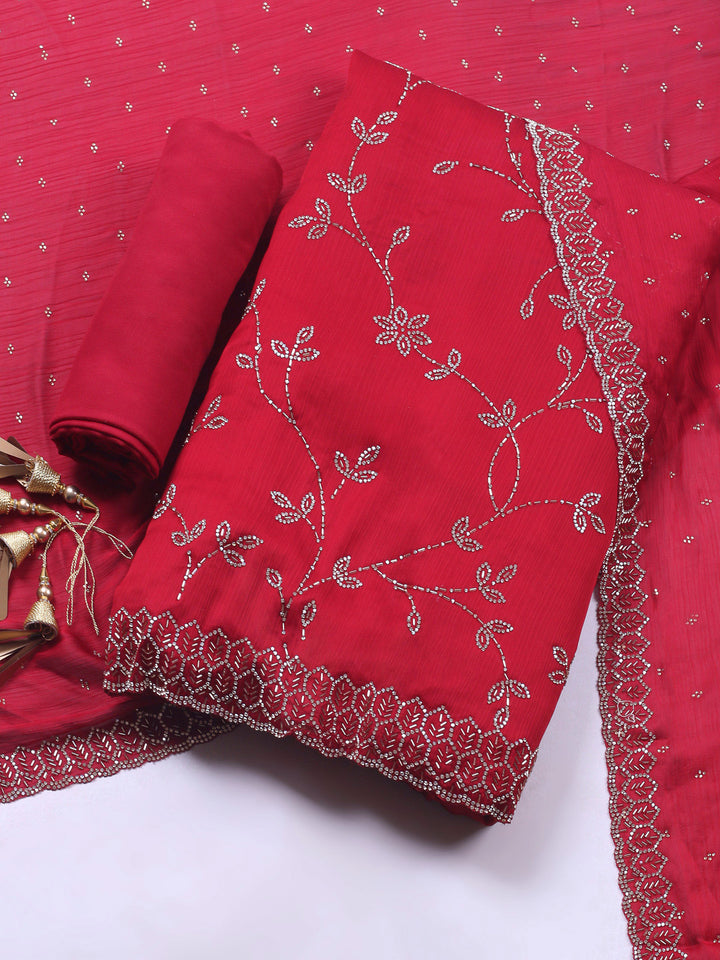 Maroon Embroidered Chiffon Unstitched Suit &amp; Pant With Chiffon Dupatta